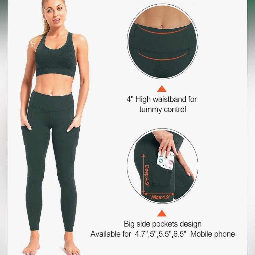 High Waist Yoga Leggings with Side Pockets - Dark Green - Picture 4 of 9